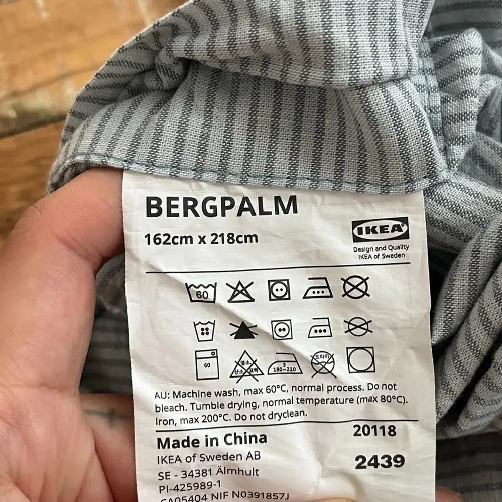 Ikea Bergpalm Duvet Cover Twin Blue/Gray Striped Button Closure 100% Cotton